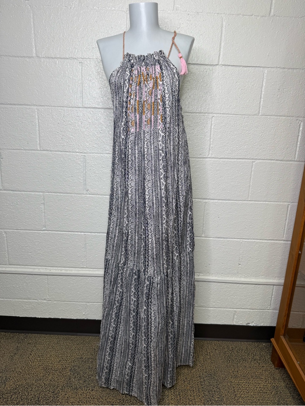 World Market L\XL Boho Maxi Dress in Black, White and Pink Tassel